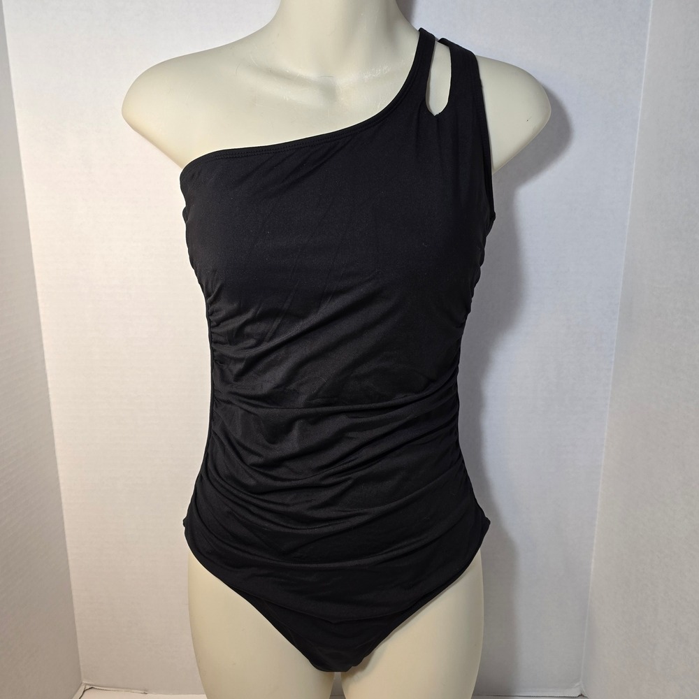 Holipick One Shoulder Ruched Tummy Control One Piece Swimsuit Size‎ Medium Black